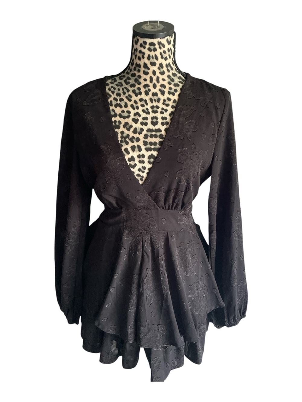 miami Black V-Neck Peplum Tunic with Subtle Jacquard